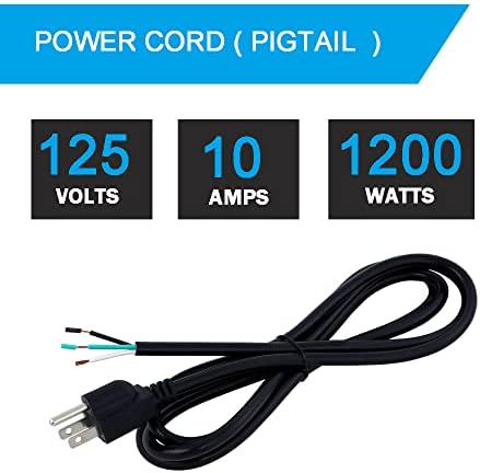 12FT 18AWG Power Cord Pigtail 3 Prong Open Wiring End Heavy Duty SJT Replacement Power Cord Cable NEMA 5-15P Male Plug, Power Cable 10A, 1200W at 120VAC