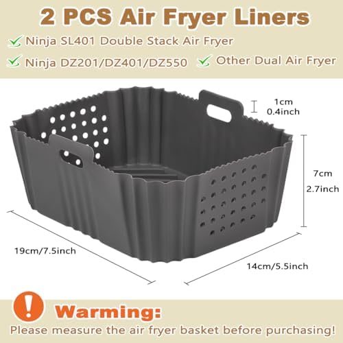 YQL YQL Silicone Air Fryer Liners for Ninja SL401 Double Stack 2 Basket Air Fryer, Ninja DoubleStack XL Air Fryer Accessories Reusable Rectangle Air Fryer Liners(Grey)