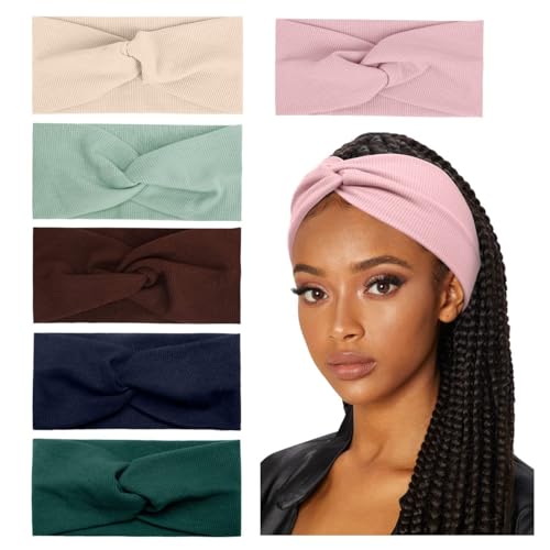 Huachi Turban Headbands for Women's Hair Wide Head Wraps Knotted Elastic Teen Girls Yoga Workout Solid Color Hair Accessories, 6 Pack