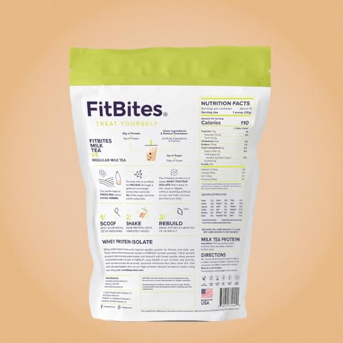 FitBites Boba Tea Protein 100% Whey Protein Powder Isolate (Milk Tea), Natural Energy Coffee Replacement, Sugar Free, Gluten Free, Lactose Free, Soy Free, Real Ingredients, 5.9g BCAAs