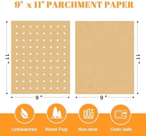 9 x11 inch Parchment Paper Liners Disposable 300 Pcs, Perforated&Unperforated Sheets Combo, 175-Pcs Each, Accessories for Cuisinart, Emeril, Ninja, Breville, Instant Pot, Gowise
