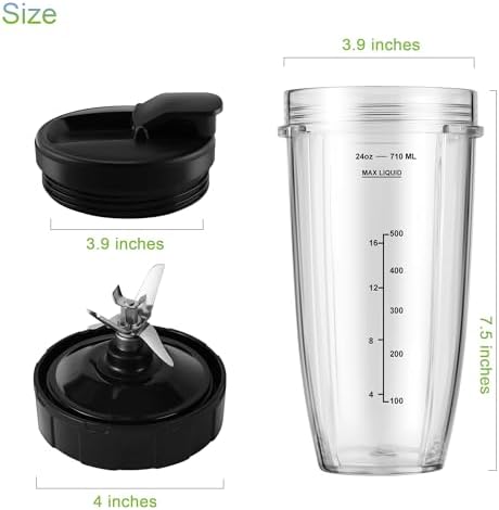 Blender Replacement Parts for Ninja, 24oz Ninja Blender Cups with To-Go Lids, 7 Fins Extractor Blade, Compatible with Nutri Ninja Auto iQ Blenders BL2012 BN801 BL480-30 BL640-30 BL642-30 NN100-30