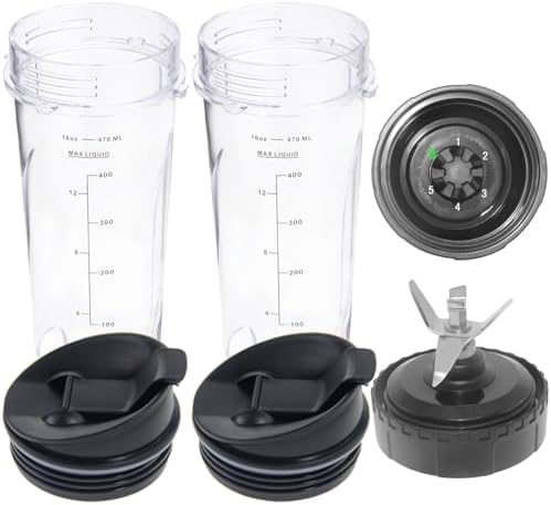 Ninja Blender Replacement Parts Compatible with BL770 BL660 BL663 BL663CO BL665Q BL740, 2 Pack Single Serve Ninja Blender 16oz Cups with Sip & Seal Lids &6 Fins Ninja Blender Blade Assembly
