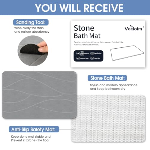Veeloim Stone Bath Mat Diatomaceous Earth Bath Mat Non-Slip Super Absorbent Stone Bath Mats for Bathroom Quick Drying Diatomite Stone Shower Mat Large Natural Easy to Clean(23.6×15.4" Gray)