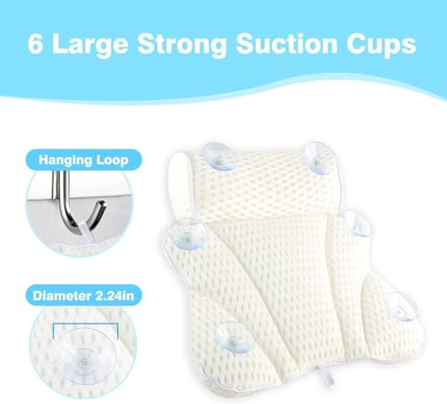 Bath Pillow for Tub, Bathtub Spa Pillow with Neck Head Back Support, Bath Cushion 5D Air Mesh Breathable Bath Pillow for Hot Tub with 6 Strong Suction Cups,Bath Tub Accessories Luxurious, White