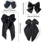 Silky Satin Hair Slides with Metal Clips - 4 Pieces Ribbon Barrettes, Large Bows, and Long Tail Accessories for Women and Girls (Black, White)