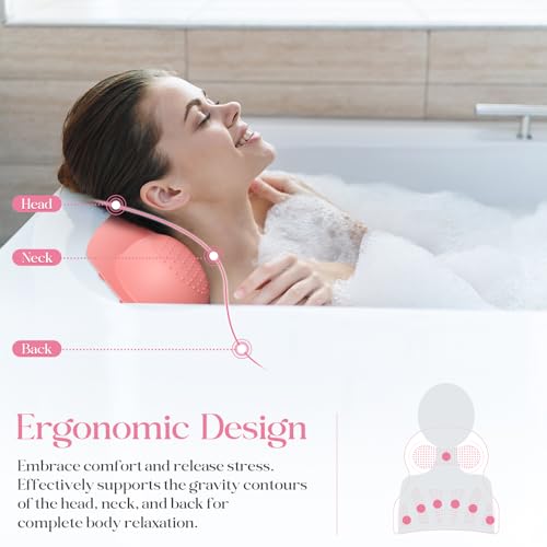 Bath Pillow Luxury Bathtub Pillow, Bath Pillows for Tub Head Neck and Back Support, Non-Slip Soft Silicon Bath Tub Pillow with Strong Suction Cup, Bath Accessories Spa Gifts, Pink