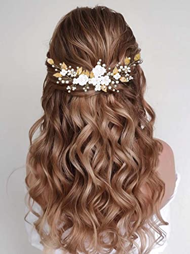 CASDRE Flower Bride Wedding Hair Vine Pearl Bridal Headpiece Leaf Hair Accessories Hair Piece for Women and Girls (B Gold)