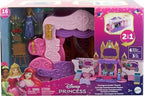 Mattel Disney Princess Toys, Carriage to Castle Transforming Playset with Aurora Small Doll, 4 Figures, Furniture & Accessories