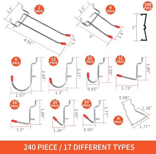 240PCS Pegboard Hooks Assortment, Pegboard Accessories Organizer Kit with Pegboard Bins, Pegboard Cups, 1/8 and 1/4 inch Peg Board Hooks for Hanging Tools, Garage Pegboard Wall Organization