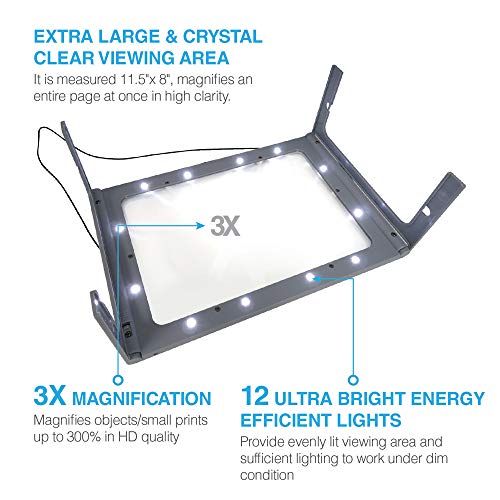 MagniPros See Things Differently 3X Large Full Page Magnifier with 12 LED Lights, Foldable Flip-Out Legs, Dual Power Supply Modes- Ideal for Hands Free Reading, Low Vision, Seniors with Aging Eyes