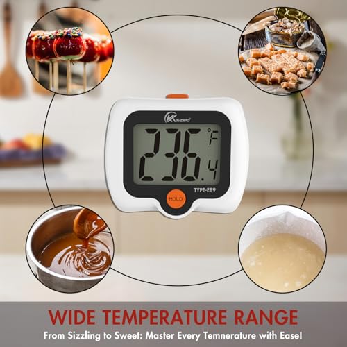 KT THERMO Digital Candy Thermometer, LCD Instant Read Food Meat Thermometer with 10" Probe and Pot Clip for Candy Making, Kitchen Accessories, Baking Tools（White）