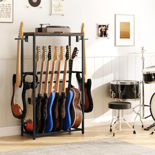 Guitar Stand for Acoustic Holder, Electric Guitar, Bass, Ukulele, Multiple Guitar Rack Holder, Floor Adjustable for Guitars, Guitar Amp Accessories, for Home Music Studio, Rustic Brown GSHR6701