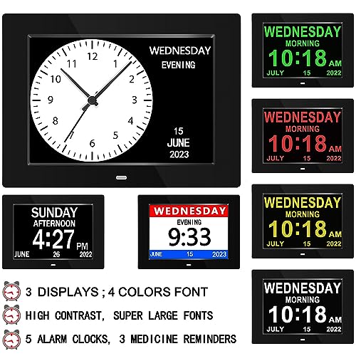 FEYBYLA Alarm Clock with Day and Date for Elderly 3Displays 7inch Digital Calendar Day Clock Photo Frame- Auto Dimmable Display 8 Alarm Options, Day Clock with Non-Abbreviated Day & Month