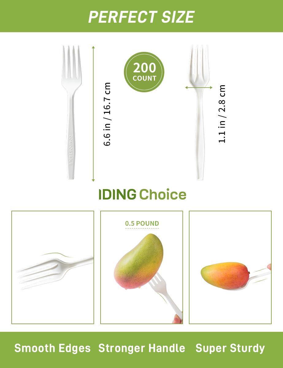 IDING Choice Compostable Forks No Plastic Silverware 200 count disposable cutlery flatware heavy duty party utensils Eco Friendly Heavyweight White Fork for Wedding Office BBQ Picnic Outdoor Event