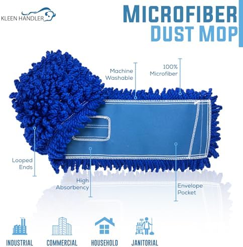 KLEEN HANDLER 6 Pack of 36 Inch Microfiber Dust Mop, Large Washable Commercial Dust Mop, Sweeper, Janitorial Dust Mop Head Replacement, Push Mop Broom, Blue