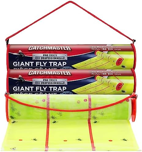 Catchmaster Giant Fly Glue Trap 3-Pack 30 Feet Each, Adhesive Fly Traps Outdoor, Sticky Bug Catcher, Bulk Flying Insect Paper Roll, Pet Safe Pest Control for Garage, Barn, Greenhouse & Garbage Room