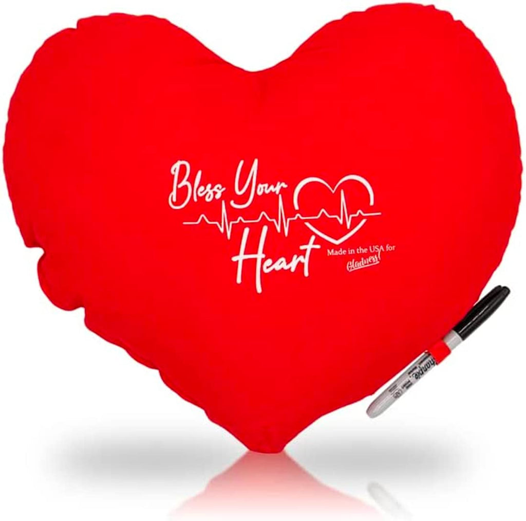 Gladness! Heart Pillow for After Bypass Open Heart Surgery, Mastectomy, Post Surgical Recovery Cough Seat Belt Pillow Bless Your Heart Get Well Soon Cardiac Patient Gift Pillow with Autograph Pen