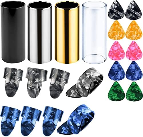 Augshy 4 Pieces Medium Guitar Slides for Acoustic,Stainless Stell Guitar Slides for Electric,Glass Guitar Slide and 8 Pieces Plastic Thumb & Finger Picks Guitar Accessories