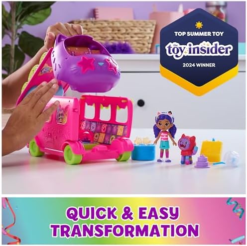 Gabby's Dollhouse Celebration Party Bus, Transforming Playset with Gabby & DJ Catnip Toy Figures & Dollhouse Accessories, Kids Toys for Ages 3 and Up
