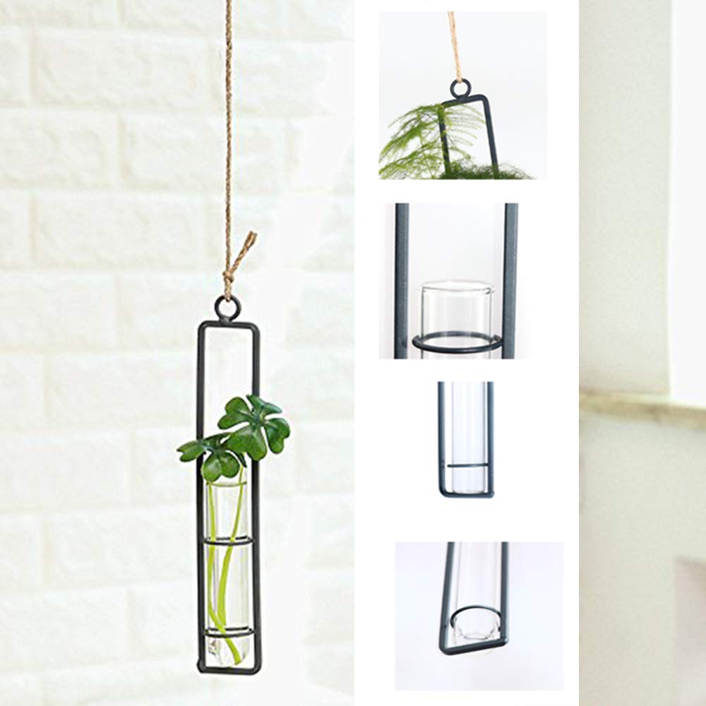 AODERUM Hanging Glass Planter Water Iron Art Hydroponic Vase Transparent Test Tube Flower Hanging Bottle Home Decoration (3pcs-S,M,L)