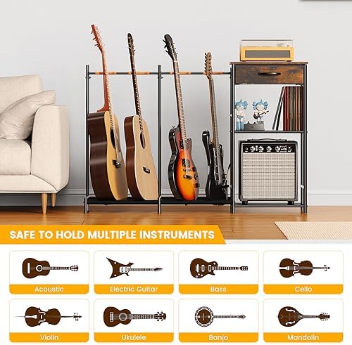 Guitar Stands Floor with 4 Guitar Holders, 3-Tier Guitar Stand Multiple Guitars, Guitar Rack with Amp Stand & Cloth Drawer, Multi Guitar Stand for Music Studio, Guitar Accessories gift for Music Lover