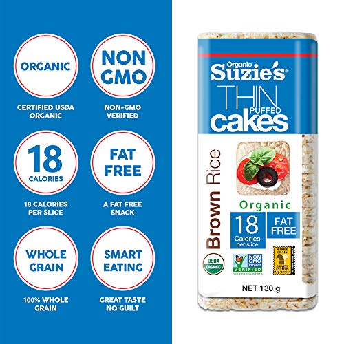 Suzie's Organic Brown Rice Cake Thins|6 Pack|Unsalted Sodium Free|USDA Organic, NON-GMO, Fat-Free, Sugar-Free, Gluten-Free|Low-Calorie Snack-17 Calories Per Slice|Bread & Cracker Replacement