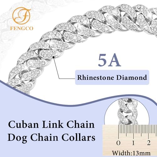 Silver Dog Chain Collar Diamond Cuban Link Dog Collar 13mm Wide Dog Necklace Metal Cat Chain Pet Crystal Collar Jewelry Accessories for Small Medium Large Dogs Cats(14inch)