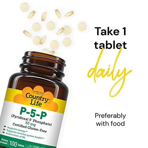 Country Life P5P Vitamin B6 (Pyridoxal Phosphate) 50mg, 100 Tablets, Certified Gluten Free, Certified Vegan, Verified Non-GMO Verified