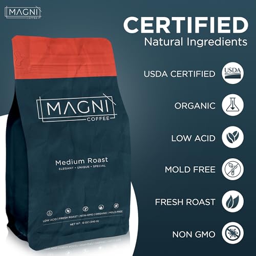 Magni Coffee - Whole Beans - Medium Roast - Low Acid - Single Origin USDA Organic Non-GMO Beans Third Party Tested For Mycotoxins & Pesticides - Fair Trade -12 Oz