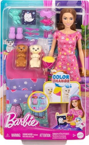 Barbie Doll & Playset with 2 Toy Dog Figures & 10+ Accessories, Puppy Slumber Party with Color-Change Feature, Sleeping Bag, Eye Masks & More