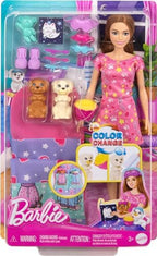 Barbie Doll & Playset with 2 Toy Dog Figures & 10+ Accessories, Puppy Slumber Party with Color-Change Feature, Sleeping Bag, Eye Masks & More