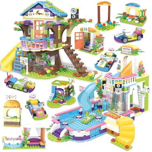 Friends Treehouse Swimming Pool Building Kit for Girls Age 6-12, Tree House Pool Party Creative Building Blocks Sets with Storage Box, Christmas Birthday Gift for Kids Toddlers (1274 Pieces)