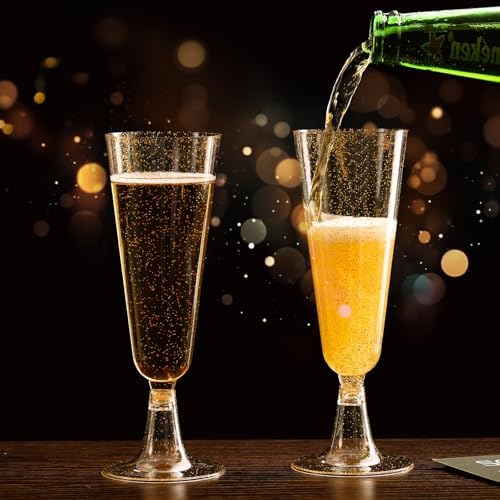 SUREHOME Champagne Flutes Plastic 100 Pack Gold Glitter Champagne Glasses Disposable Mimosa Glasses 5.5 Oz Sparkle Clear Acrylic Wedding Toasting Glasses Bulk for Party Bar Accessories Cocktail Cups