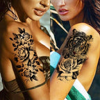 67 Sheets Black Realistic Rose Flower Temporary Tattoos For Women Girls Arm Thigh, Peony Moon Tiger Floral Temp Sleeve Tattoo Sticker Adult, Waterproof Fake Tatoos That Look Real And Last Long