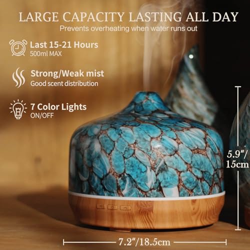 Porseme 500ml Glass Essential Oil Diffuser Aromatherapy Ultrasonic Cool Mist Humidifier 15-21 Running Hours Waterless Auto-Off Air Diffusers for Sleeping Yoga Office Working Spa and Rest (Light Blue)
