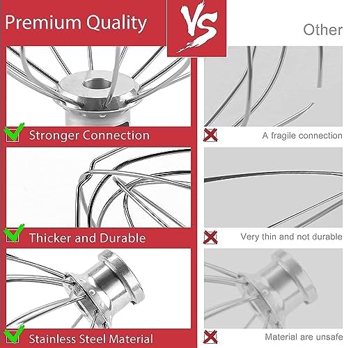 K45WW Stainless Steel Wire Whip Attachment for KitchenAid, 6 Wire Whisk Replacement for KitchenAid 4.5-5 Quart Tilt-Head Stand Mixers, Dishwasher Safe, Sliver