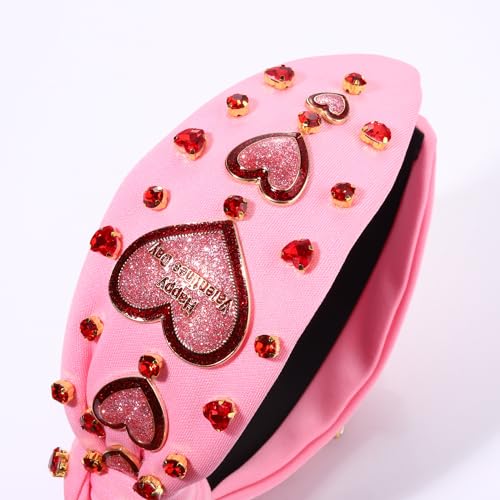 Valentine's Day Headbands for Women Glitter Happy Valentines Day Heart Headband Pink Red Heart Crystal Knotted Headband Valentine's Day Hair Accessories Party Decor Gifts (Happy Valentines Day)