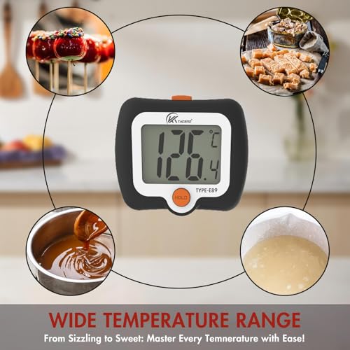 KT THERMO Digital Candy Thermometer, LCD Instant Read Food Meat Thermometer with 10" Probe and Pot Clip for Candy Making, Kitchen Accessories, Baking Tools（Black）