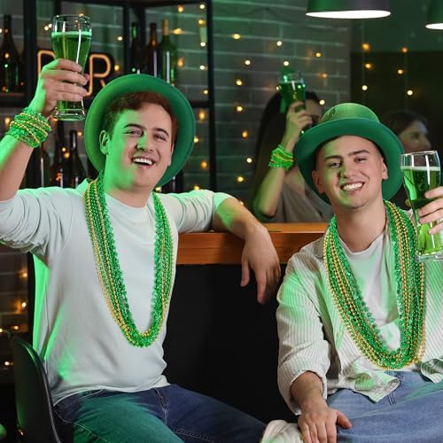 12 PCS St Patricks Day Necklace, Gold Green Beads Shamrocks Necklace, Plastic Shamrocks Bead Necklace Set, Irish Beer Decorations Supplies for St.Patricks Day Accessories Decorations Favors Bulk