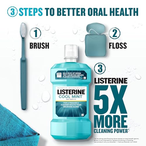 Listerine Cool Mint Antiseptic Mouthwash, Daily Oral Rinse Kills 99% of Germs That Cause Bad Breath, Plaque and Gingivitis for a Fresher, Cleaner Mouth, Cool Mint Flavor, 1.0 L, Pack of 2