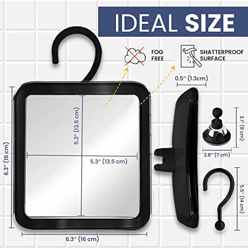 MIRRORVANA Fogless Shower Mirror for Shaving with Upgraded Suction, Anti Fog Shatterproof Surface and 360° Swivel, 1X Magnifying, 6.3 x 6.3 Inch (Black)