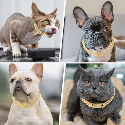 Gold Dog Chain Diamond Gold Chain Dog Collar Walking Metal Chain Collar with Design Secure Buckle Pet Collar Jewelry Accessories Dog Necklace for Small Medium Large Dogs Cats (Gold,20 Inch)
