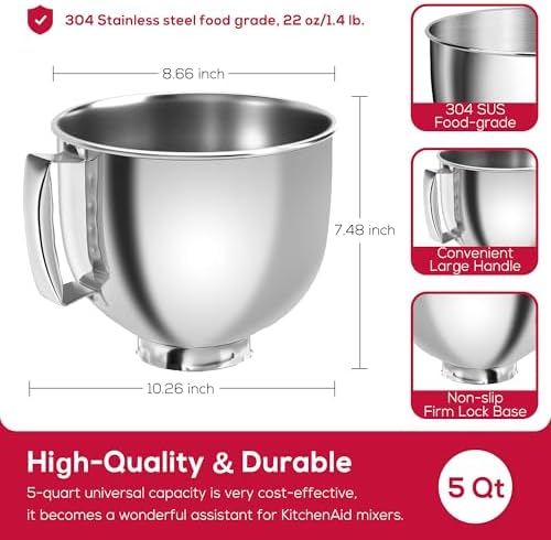 5QT Stainless Steel Mixer Bowl with Cover - Compatible with KitchenAid Tilt-Head Stand Mixers 4.5-Quart (4.3 L) & 5-Quart (4.7 L), Replacement Mixing Bowl with Splash-Proof Lid Set for Dishwasher Safe
