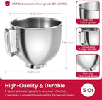 5QT Stainless Steel Mixer Bowl with Cover - Compatible with KitchenAid Tilt-Head Stand Mixers 4.5-Quart (4.3 L) & 5-Quart (4.7 L), Replacement Mixing Bowl with Splash-Proof Lid Set for Dishwasher Safe