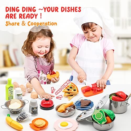Kids Pretend Play Kitchen Accessories Set, 38Pcs Stainless Steel Play Pots Pans Sets for Kids, Toy Cookware Cooking Utensils Play Food Dish Toddler Kitchen Playset Gifts for Boys Girls
