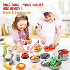 Kids Pretend Play Kitchen Accessories Set, 38Pcs Stainless Steel Play Pots Pans Sets for Kids, Toy Cookware Cooking Utensils Play Food Dish Toddler Kitchen Playset Gifts for Boys Girls