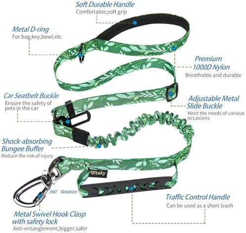 Hotsky Tactical Dog Leash Heavy Duty for Medium Large Dogs That Pull,4-6Ft Strong Bungee Shock Absorbing No Pull Dog Leash with Padded Double Handle and Car Seatbelt,Leaves