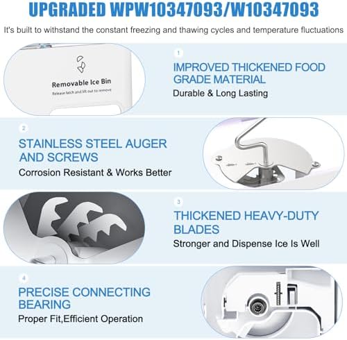 Upgraded WPW10347093 W10347093 W10347100 Ice Bucket Compatible with Whirlpool Maytag KitchenAid Refrigerator Ice Maker Replacement Parts WRF736 WRF757 WRF767 WRF989 KFIS29 KRFF507 Removable Ice Bin