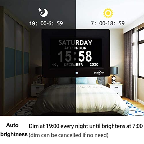 3 Colors Extra Large Impaired Vision Digital Clock with Day and Date for Elderly Calendar Day Clock Auto Dimmable Clock with Non-Abbreviated Year & Month Alarm Clock (7 inch Black)